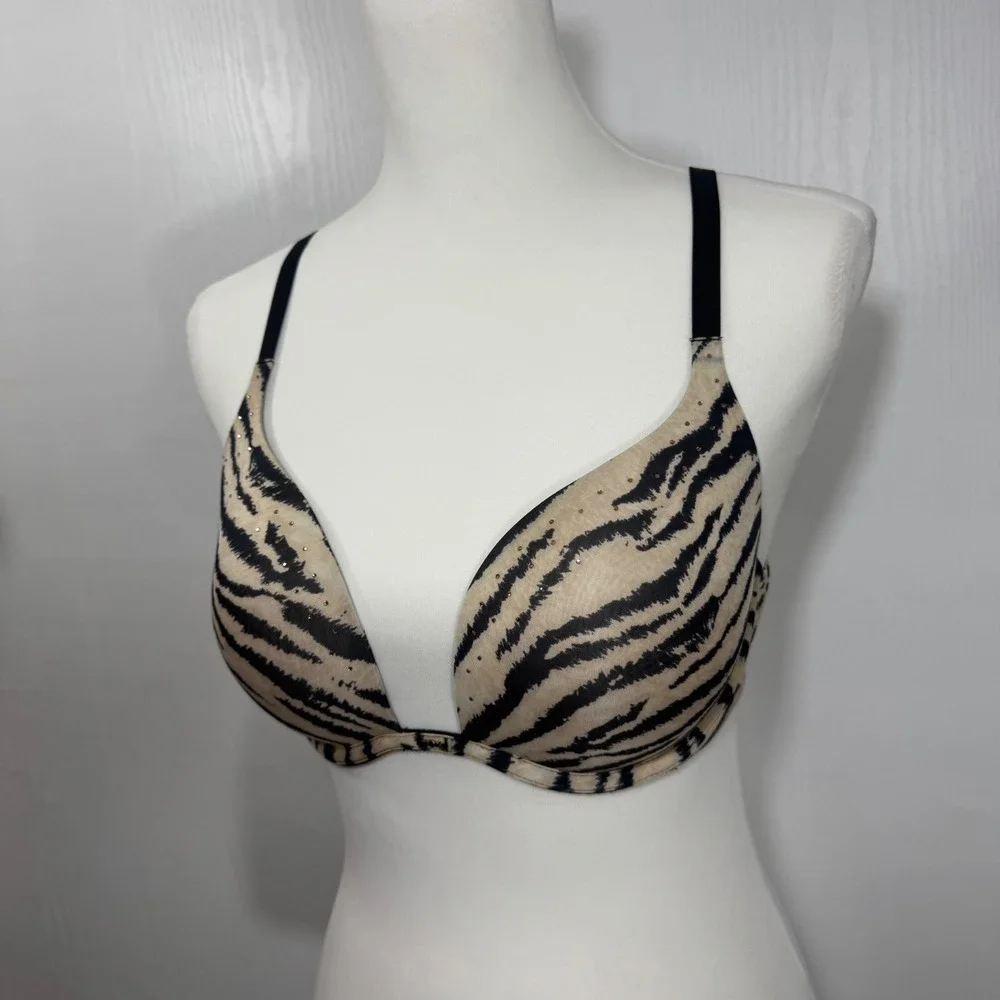 Victoria's Secret Push Up Bra 34D Beige Black Zebra Print Rhinestone‎ Detail